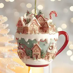 Acrylic coffee cup ornament 2D Art Keychain Pendant Christmas Snow House Pendant Decoration Christmas tree pendant decoration