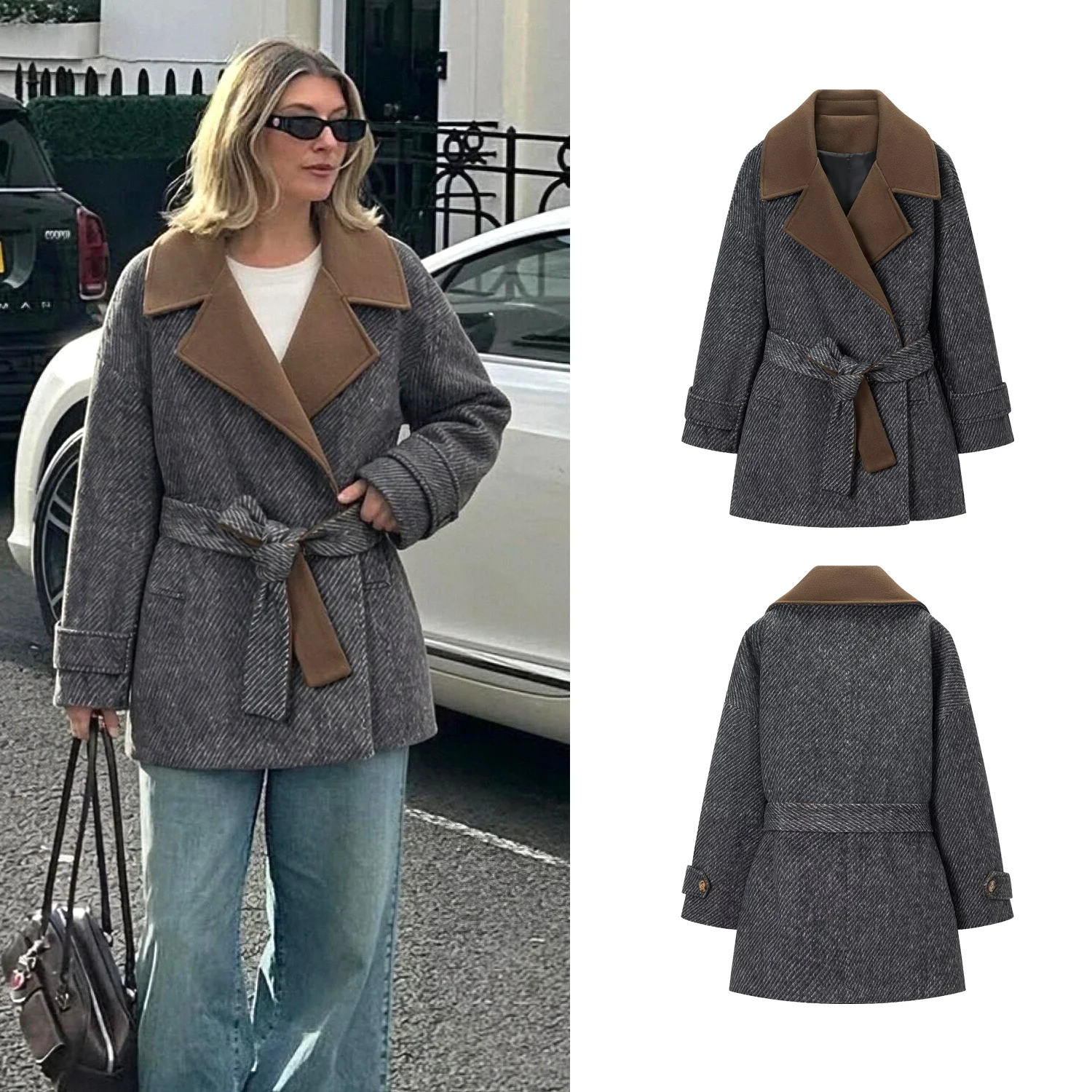 Women Striped Elegant Retro Woolen Coats Autumn Winter Female Color-Blocking Design Coats With Belt Lady Loose Casual Jackets