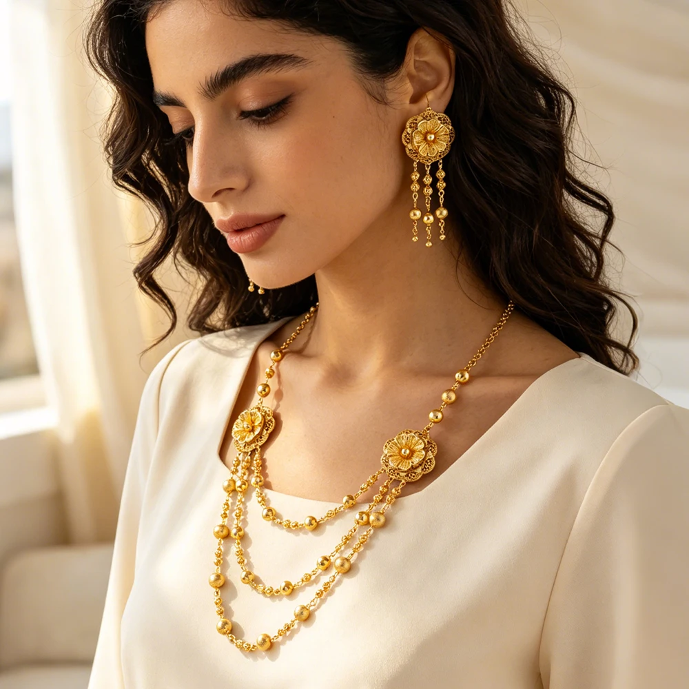 Beaded Multi-Chain Necklace Tassel Earrings Dubai Nigeria Gold-plated Jewelry Set Bride Wedding Accessories for Ladies Gifts