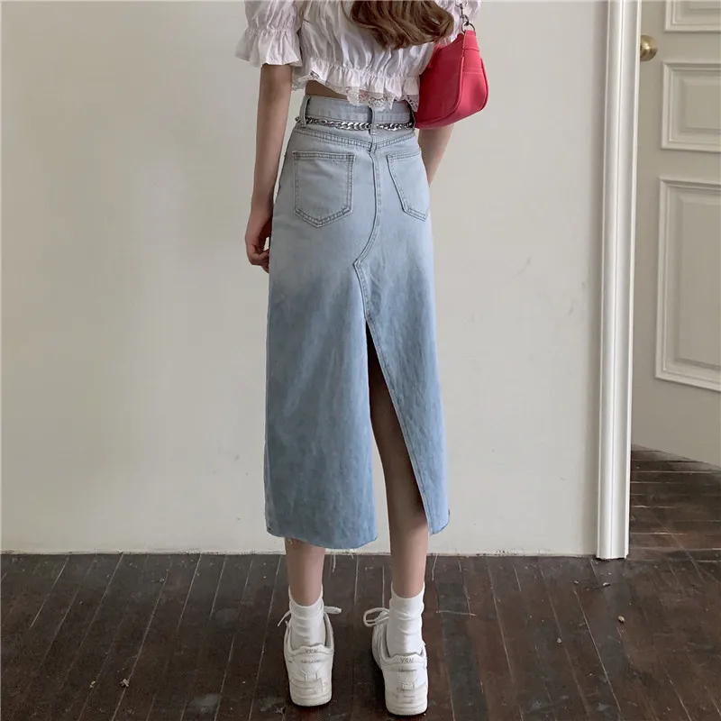 Ripped Irregular Denim Skirt for Women New Retro Slit Mid-length Skirt High Waist Large Size Female Clothing Street Style