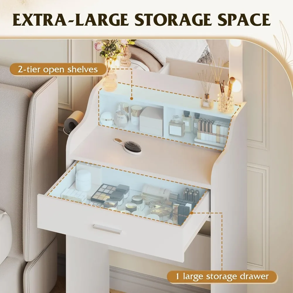 مكتب مكياج مع مرآة و3 أوضاع إضاءة، طاولة تخزين 23.8 مع أرفف لغرفة النوم