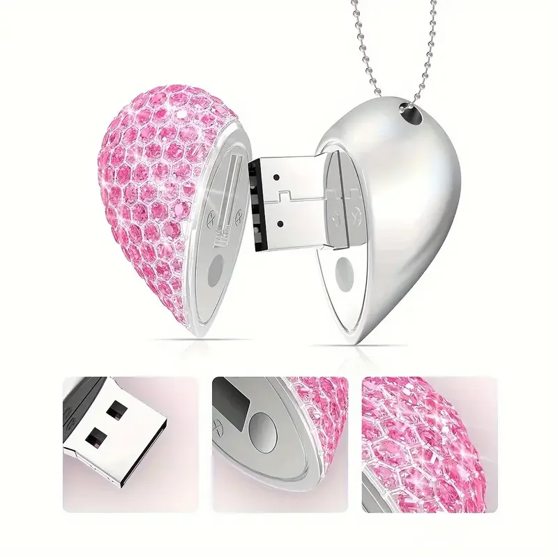 LOGO con incisione laser personalizzato gratuito Metallo argentato Modello cuore di cristallo rosa Chiavetta USB 2.0 ad alta velocità 4 GB 8 GB 16 GB 32 GB 64 GB