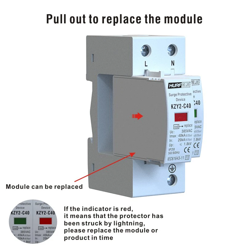 KZY2-C40 2P AC 275V 20KA-40KA Lightning Protector Surge Protective Device SPD  with PE House Safety Electricity Protector