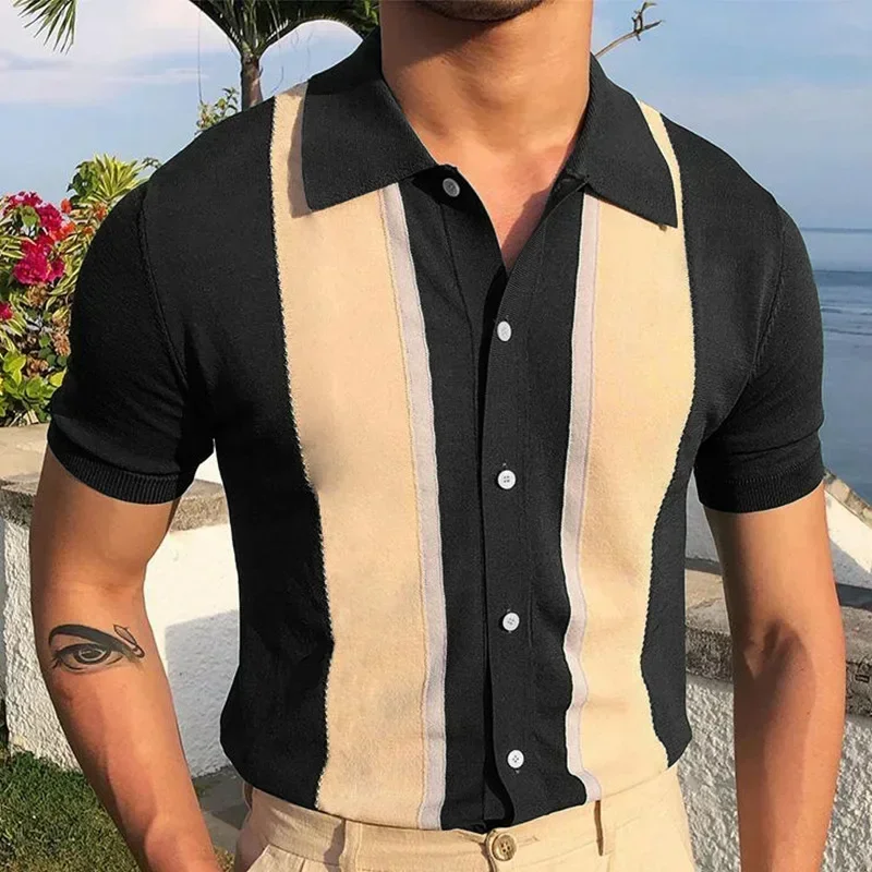 2026 Summer Men Short-sleeved Knitted Polo Blouse Cardigan Vintage Slim Stretch Tshirts Top Business Casual Male Shirts Clothing