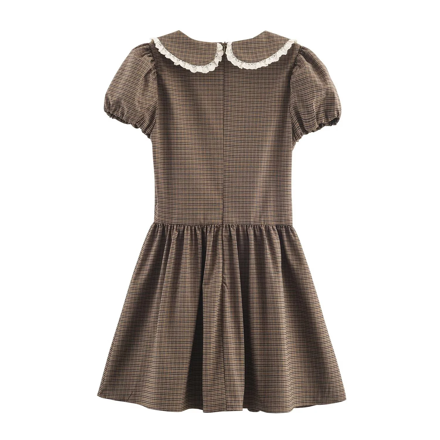 Autumn new women's clothing sweet and fashionable temperament bow check small round collar short sleeved dress