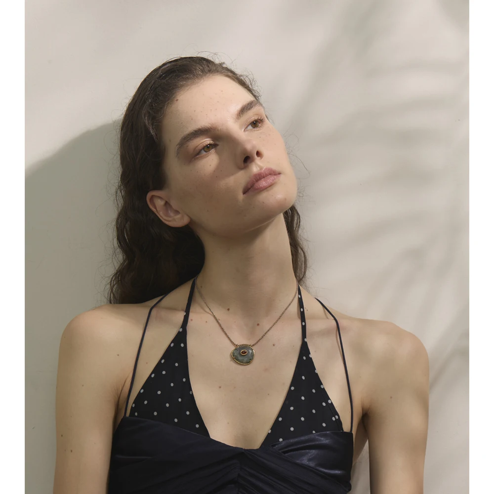 Yhpup Natural Spectrolite Agate Stone Oval Pendant Necklace For Women Golden Stainless Steel Exquisite Fashion Jewelry_maomaolike.com
