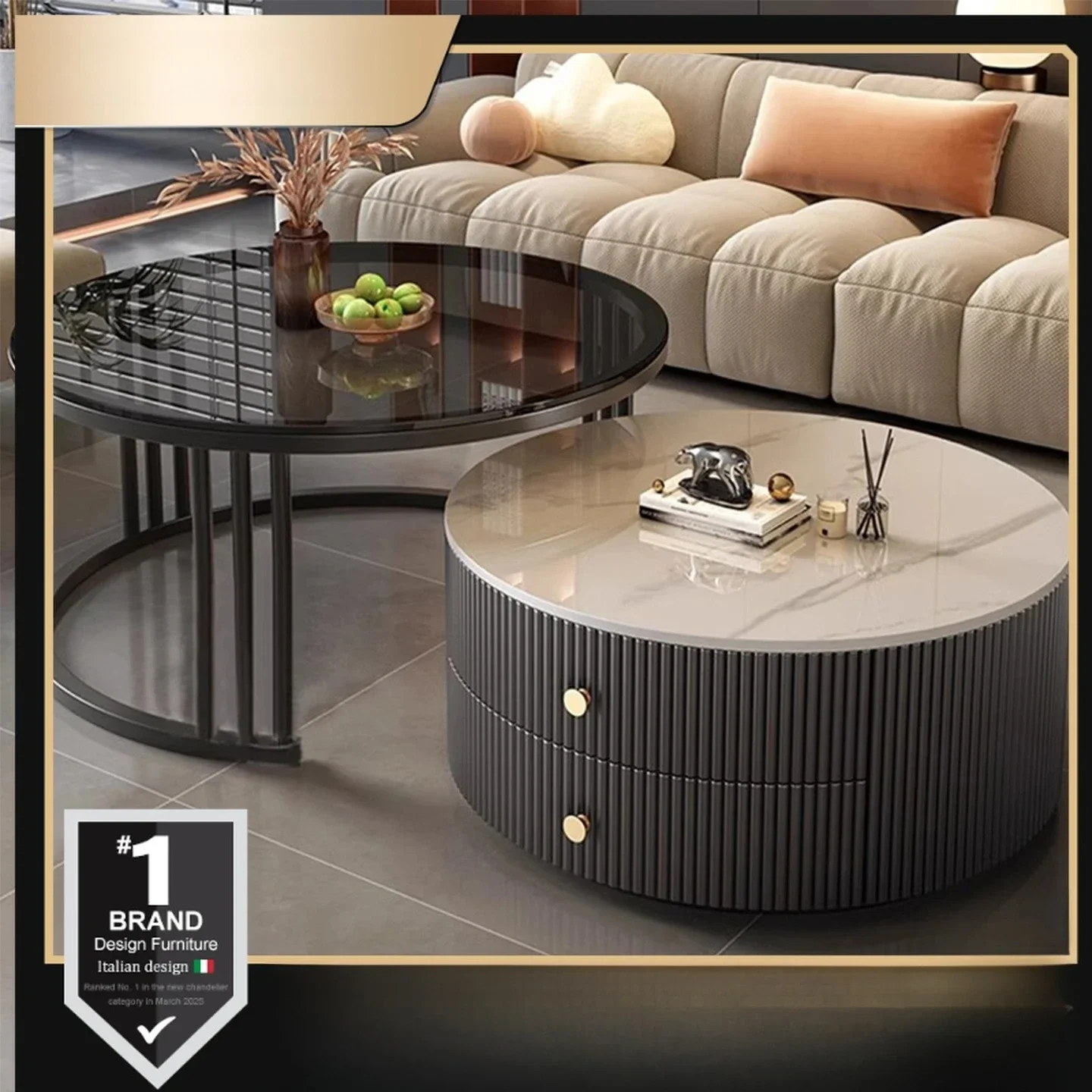 

Современный круглый журнальный столик с рифленым ящиком для дома, гостиной, 31,5 дюйма, выдвижной журнальный столик с местом для хранения и колесиками