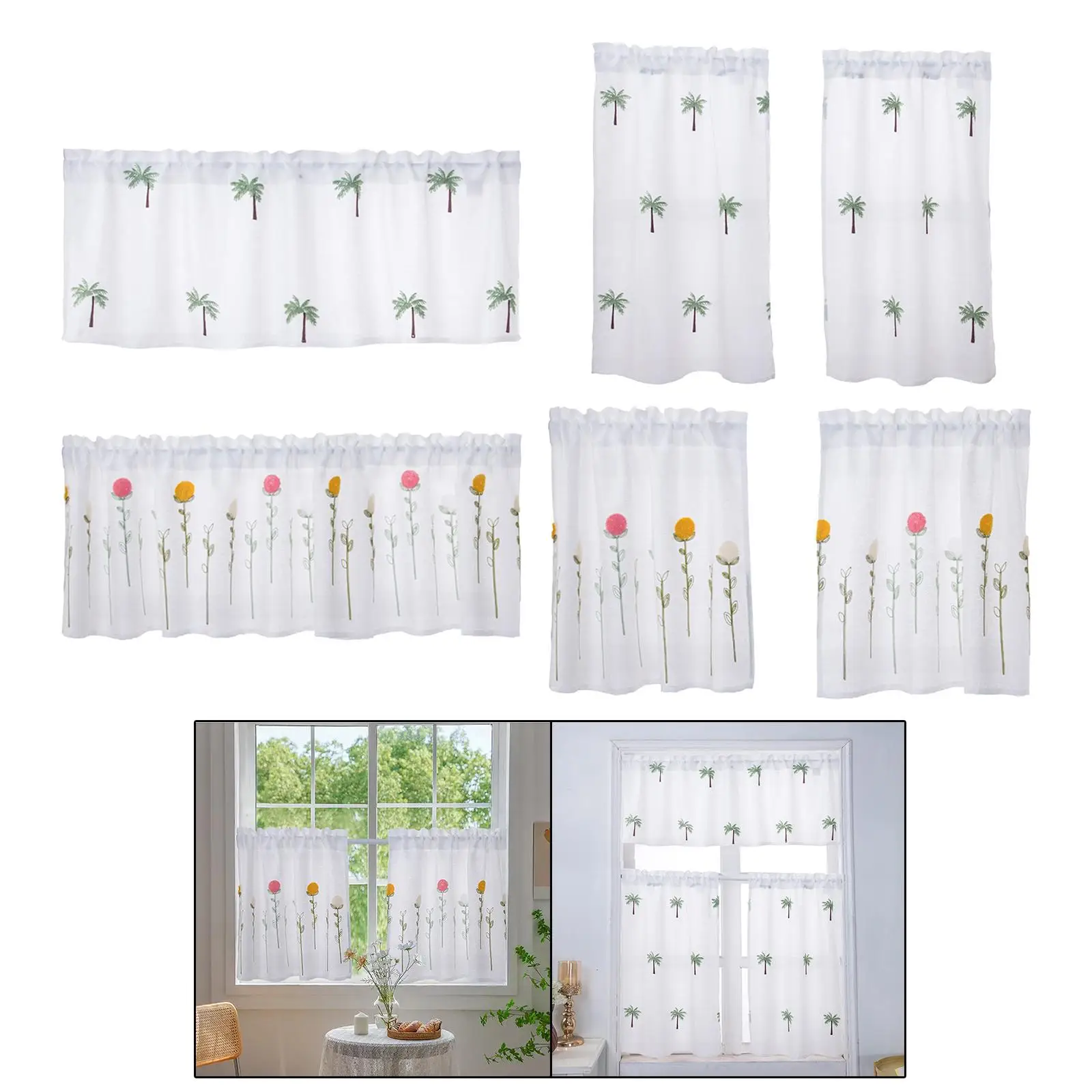 Rod Pocket Short Curtain Drapes Semi Short Voile Drapes Embroidered Half Curtain Short Curtain for Bathroom Bedroom Small Window