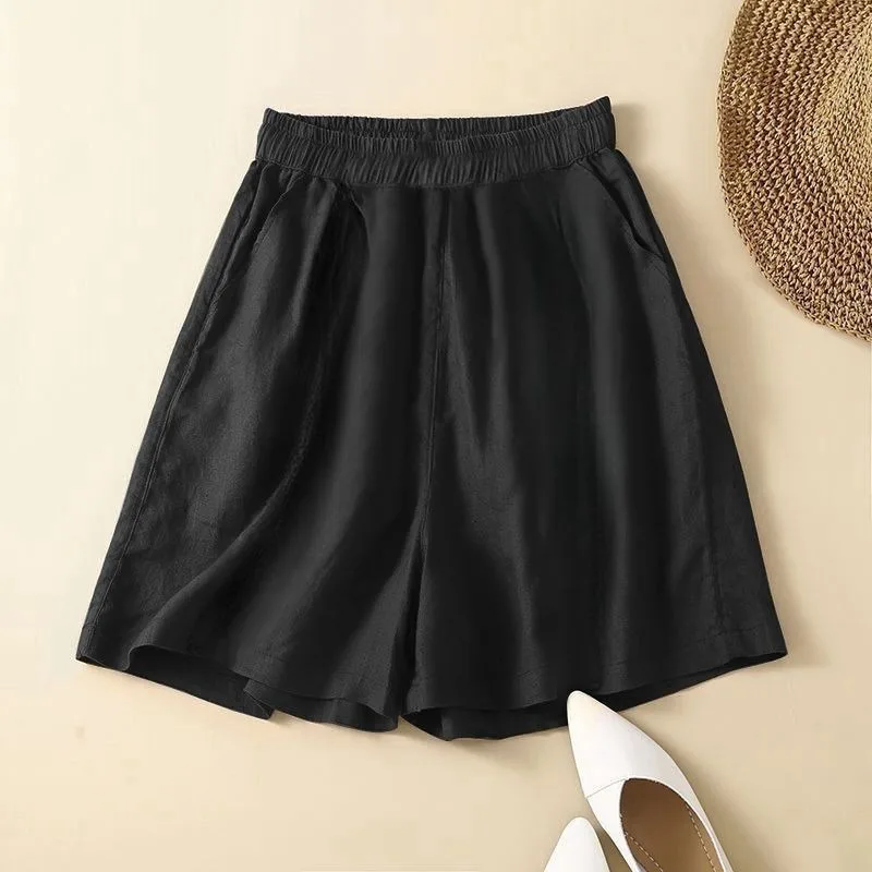Women's Solid Cotton-Linen Shorts High Waist Comfort Lightweight Straight Leg with Pockets Shorts Sweat-absorbent outdoor shorts