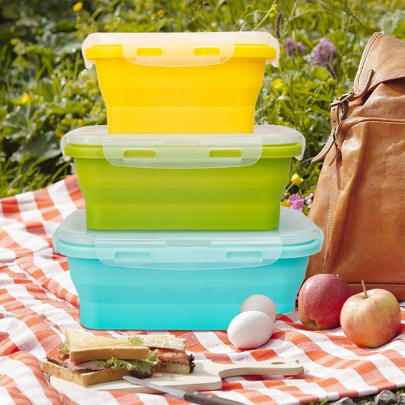 4Sizes Silicone Collapsible Lunch Box Food Storage Container Colorful Microwavable Portable Picnic Camping Rectangle Outdoor Box