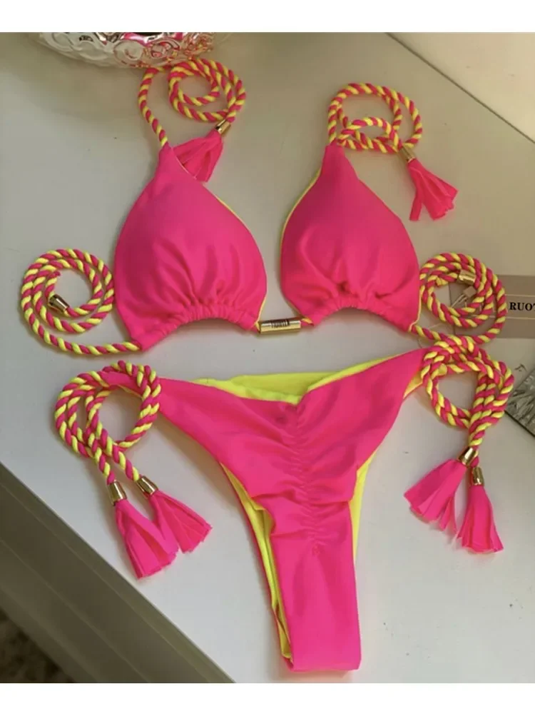 Sexy tanga micro conjunto de biquíni 2025 feminino borla sólida swimwea halter bandagem sólida biquini push up rendas até beachwear maiô