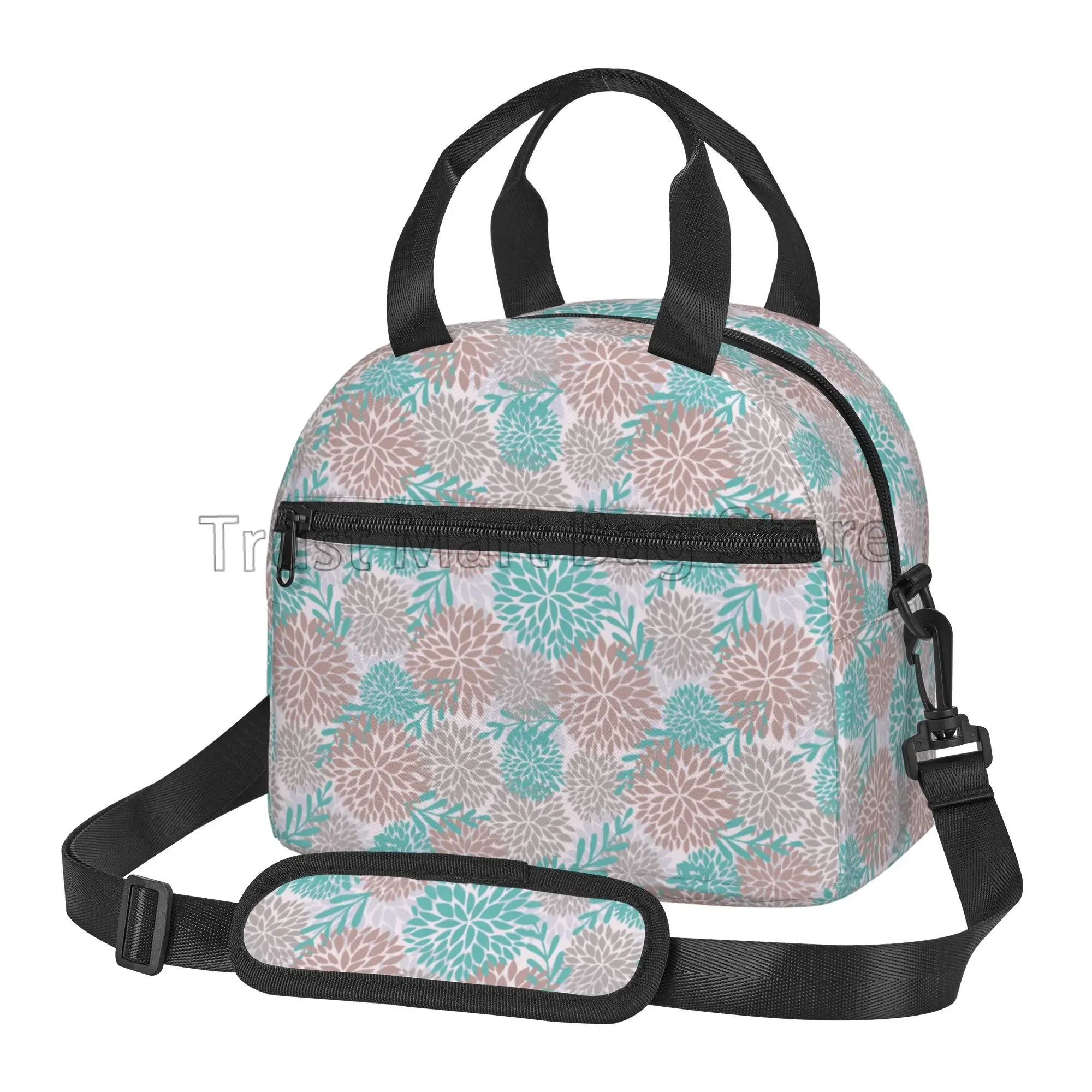 Dahlia Pinnata Flowers Reusable Insulated Lunch Bags for Women Teal Gray Blue Green Bento Tote with Adjustable Shoulder Strap