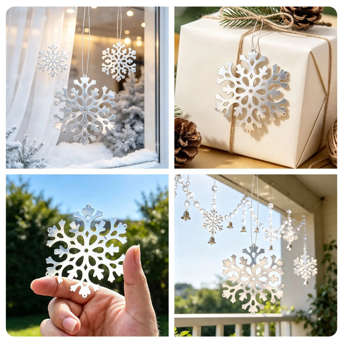 Silver Snowflake Hanging Ornaments Metal Christmas Tree Window Decorations for New Year Party Gift Wrapping Pendants Holiday