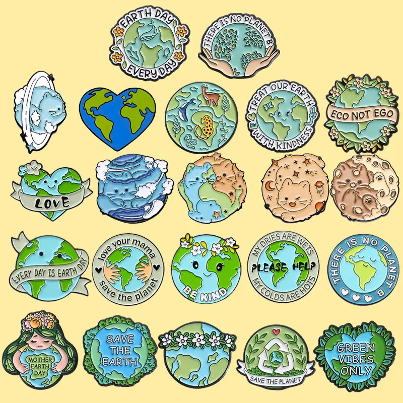 Environmental Protection Collection Caring for Earth Brooch Green Round Eco-friendly Metal Badge Wearing Medal Collar Pin Brooch