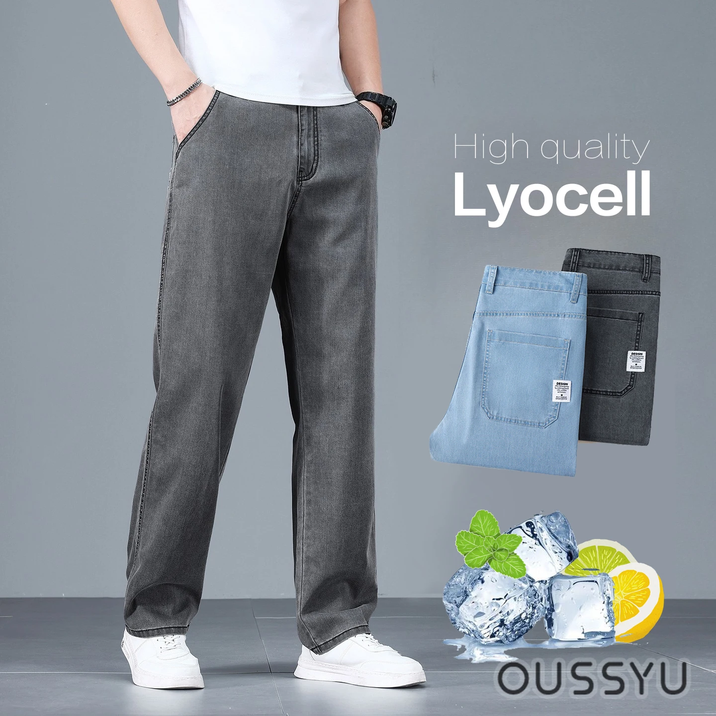Men's Spring Summer Lyocell Fabric Jeans Loose Straight Thin Casual Denim Pants Breathable High Waist Trousers Male Plus Size 40