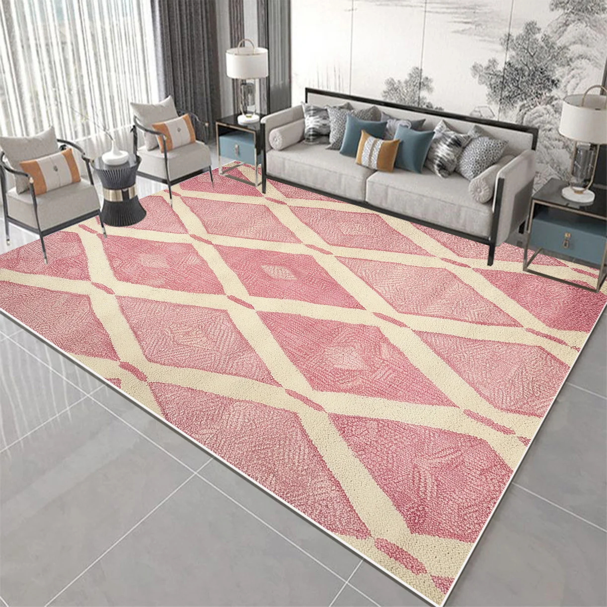 Minimalist Girls Bedroom Decor Bedside Carpet Pink Checkerboard Living Room Large Area Rug Non-slip Washable Lounge Floor Mat