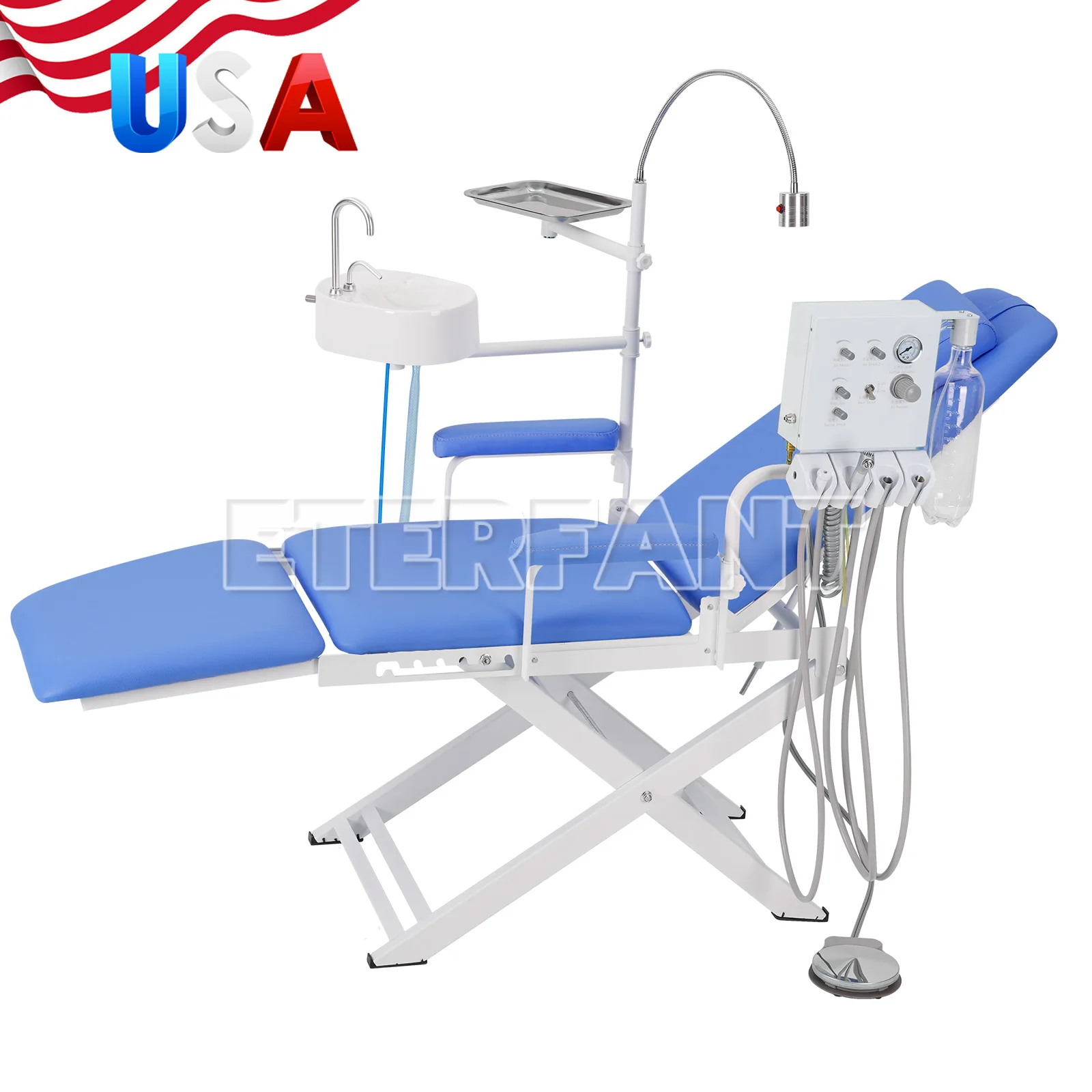 

Dental Folding Chair with LED Light Adjustable Height&Angle+Wall Hanging Turbine Unit 4H w/Weak Suction Work with Air Compressor