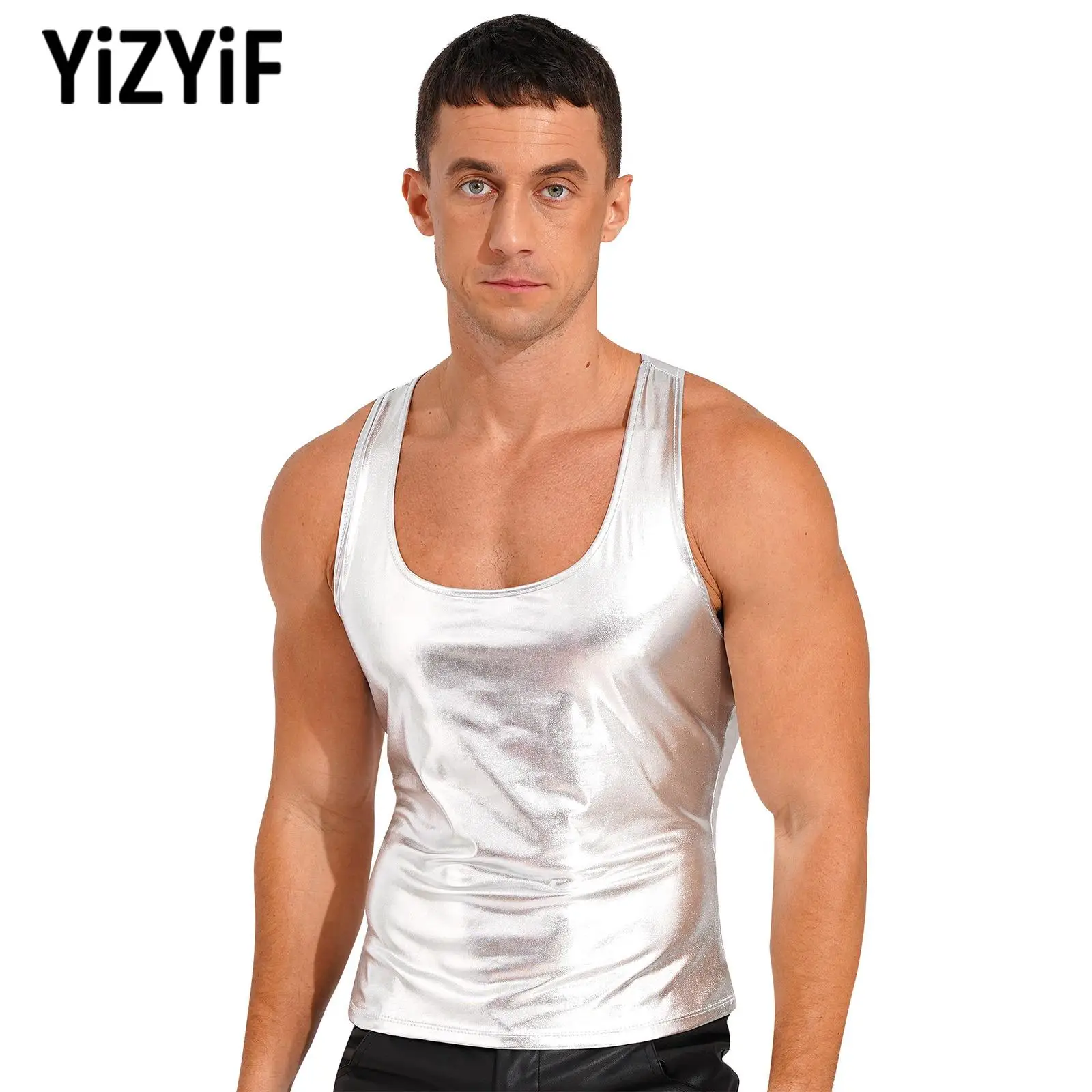 Mens Shiny Party Club Vest Metallic Deep U-neckline Sleeveless Racer Back Slim Fits Camisole Tank Top Vest Top Nightclub