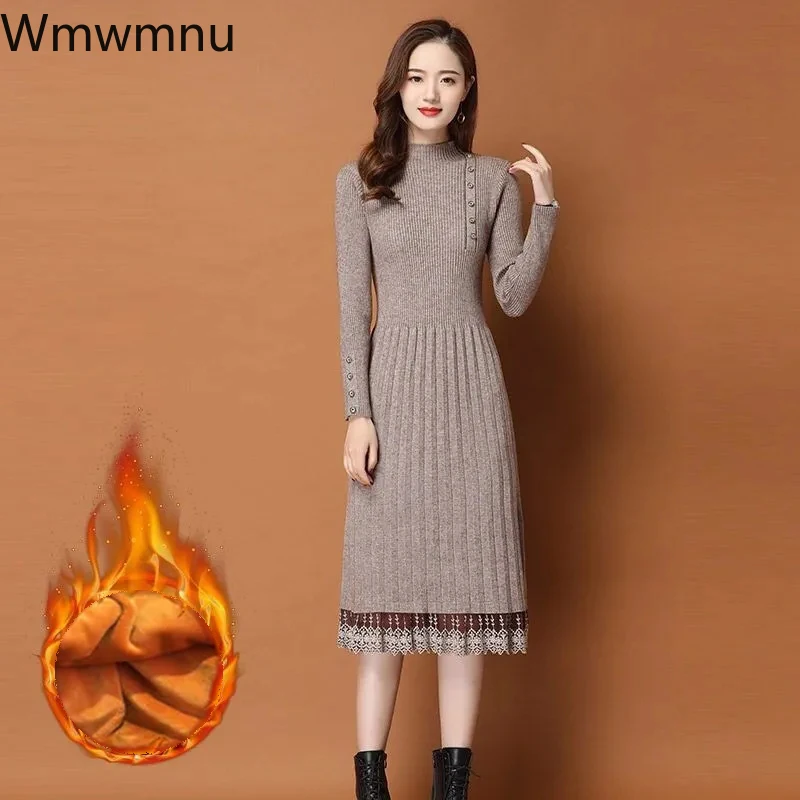 Winter Warm Knitwear Midi Vestido Thicken Half Turtleneck Knitted Dress Slim Lace Sweater Dresses Elegant Casual Women Robe