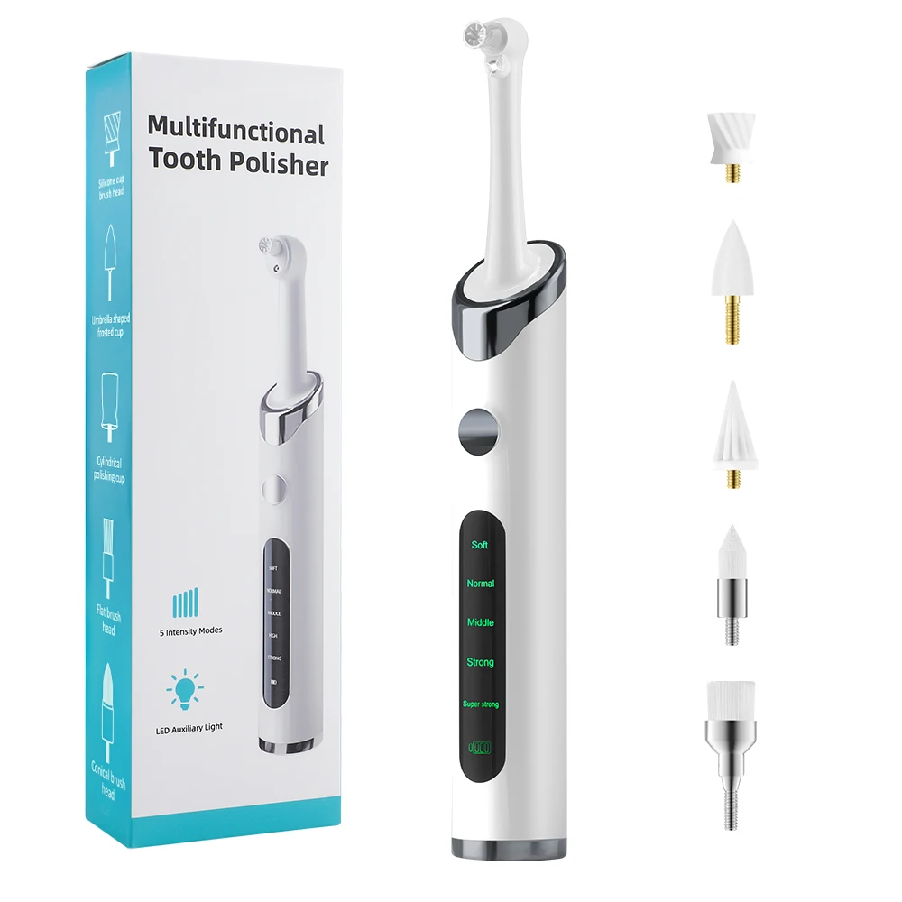

Rechargeable Tooth Polisher Teeth Whitening Cleaner 5 Modes with 5 Brush Heads LED Light Plaque Dental Calculus Tartar Remover
