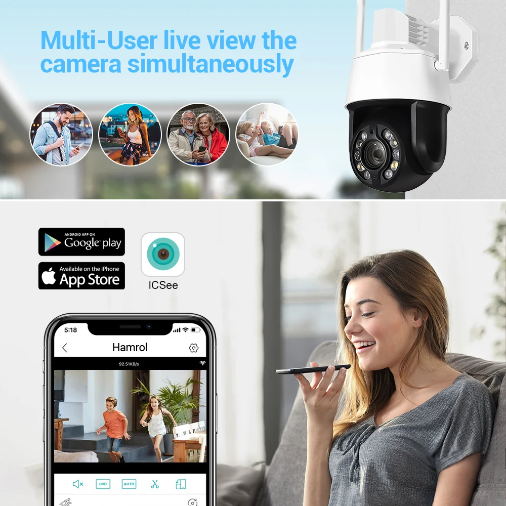 36X Zoom Wifi Camera 5MP Wireless PTZ Camera Two Way Audio AI Human Tracking IP Camera Light Alarm Surveillance CCTV iCSee