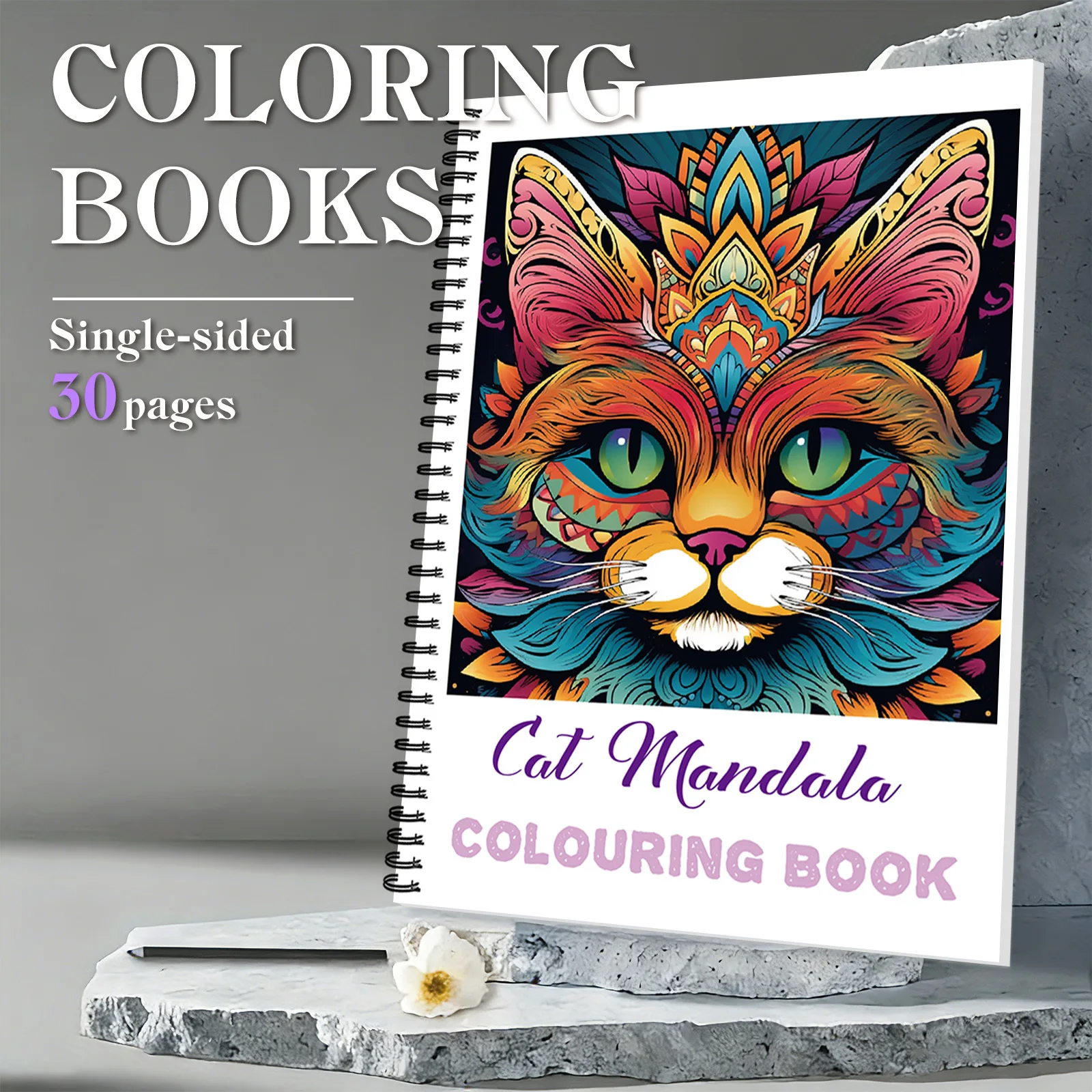 

1 шт. книги для рисования, декоративная спиральная книжка-раскраска с цветочным котом на мандало, для теплых раскрасок для отдыха