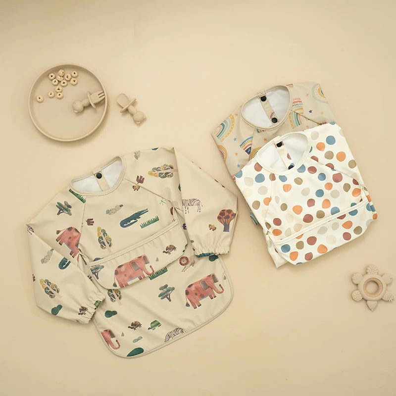 Baby Long Sleeve Bibs Cute Printed Pattern Art Smock with Pocket Easy To Clean Children's Feeding Apron for Toddler Boys Girls
