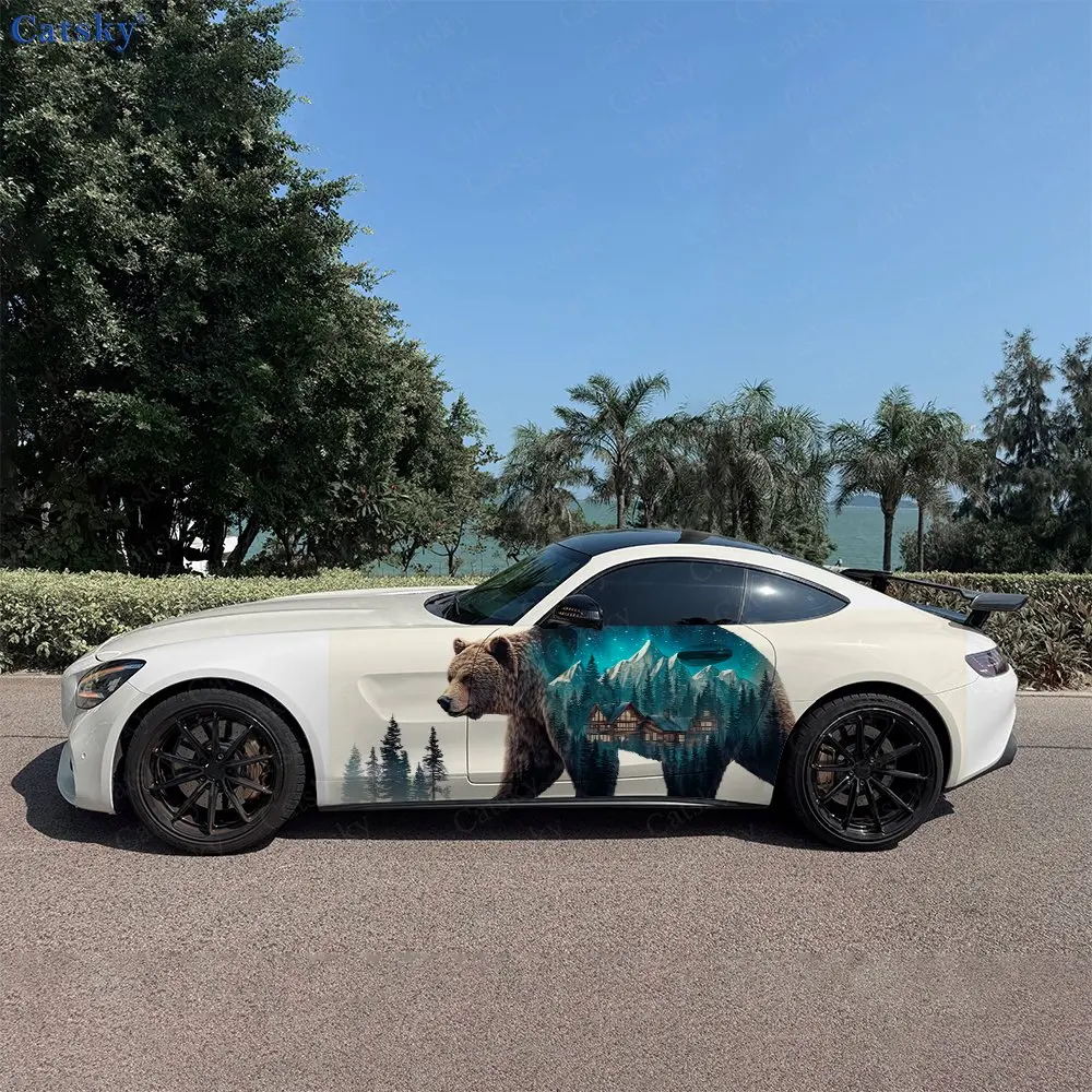 

2pcs Forest Bear Aurora Cabin, Durable, Fade-resistant, Enhance Vehicle Aesthetics With Bold Artistic Design Car Vinyl Wraps
