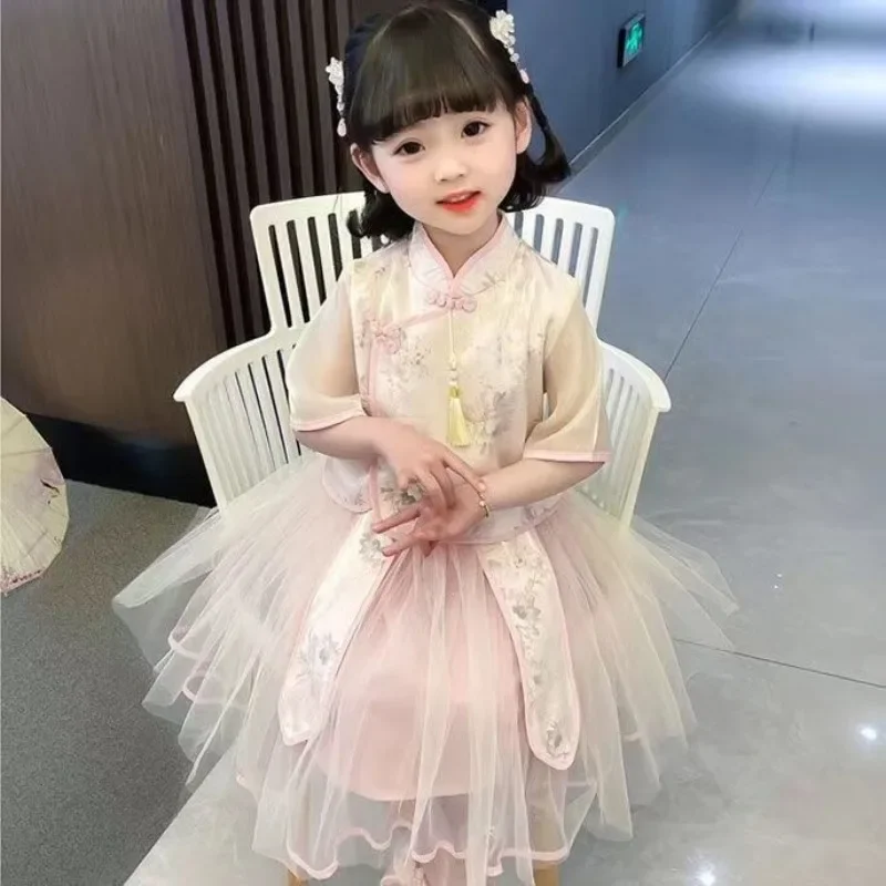 Chinese Traditional Pink Green Hanfu Dress for Girls Satin Floral Print Short Sleeve Top Mesh Double Layer Skirt Children Hanfu