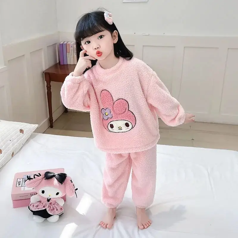 Pijamas de Otoño Invierno para niños Hello Kittys Sanrios nuevo Kawaii Anime dibujos animados Coral polar ropa de salón chica mantener caliente franela