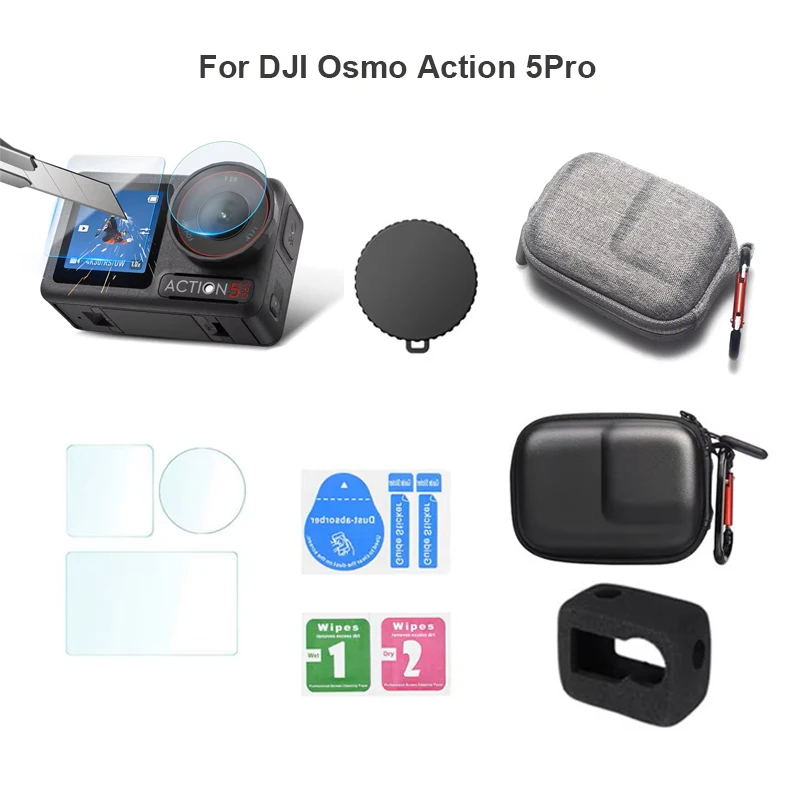 For DJI Osmo Action 5 Pro Accessories Screen Protector Tempered Glass Ultra-Clear Film Lens Cover Cap Bag Case Windslayer Cover