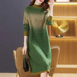 Elegant Stand Collar All-match Gradient Knitted Dress Women's Clothing 2024 Autumn Winter New Loose Office Lady Midi Dress