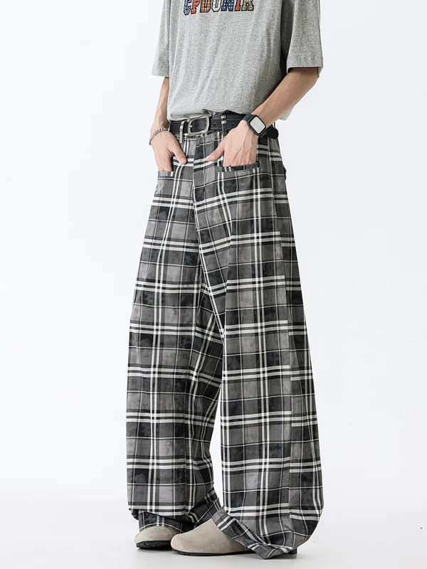 

Trendy Plaid Casual Pants Men's Summer American Retro Straight Leg Wide Leg High Street Haome Loose Floor-Length Trousers