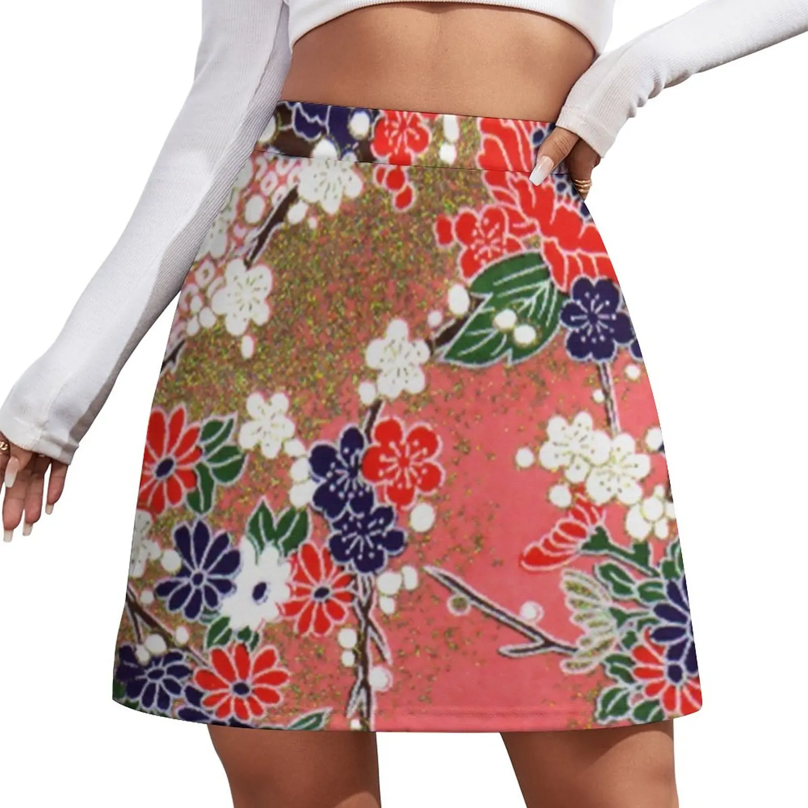 RED BLUE WHITE SPRING FLOWERS ,IN PINK AND GOLD Antique Japanese Floral Mini Skirt Skirt satin skirts women summer 2023