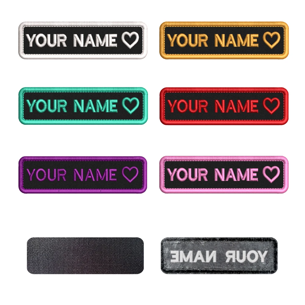 

Custom Name Patch Heart Shape Patches Colorful Stripes Badge Tags for Clothes Jacket Backpack Hook or Iron on Patches