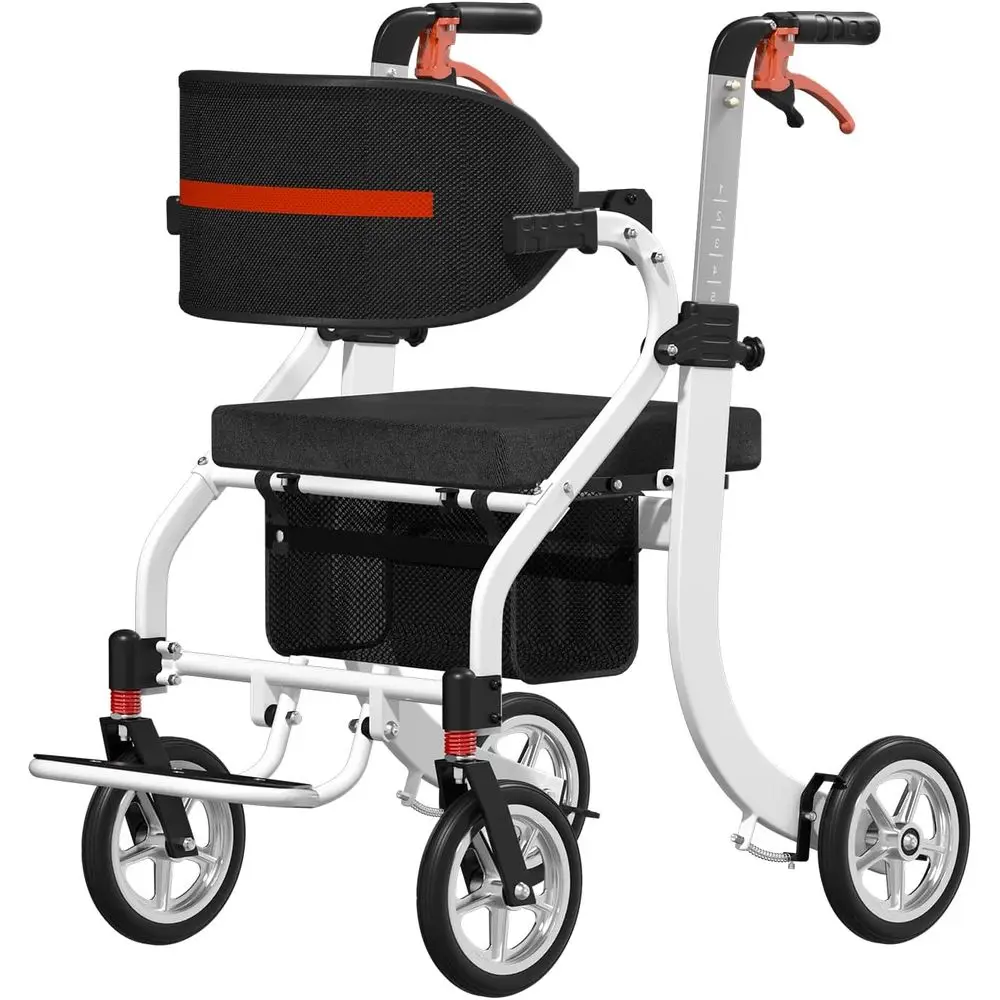 高齢者向けオールインワン折りたたみ式歩行器、軽量アルミニウム製歩行器、人間工学に基づいたデザイン、ホワイト