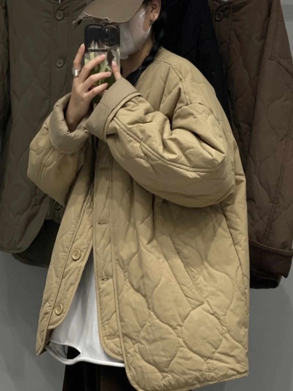 

Retro Diamond Pattern Cotton Jaet Women's Loose Lightweight Warm Coat Vintage Sle Long Sve round Ne Single Button Cl...