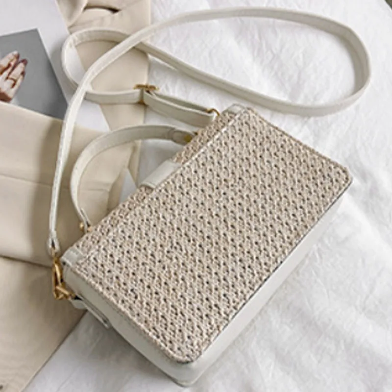 Summer Woven Straw Clutch Handbag with Top Handle PU Leather Crossbody Shoulder Messenger Bags Women\'s Mini Rattan Tote Purses