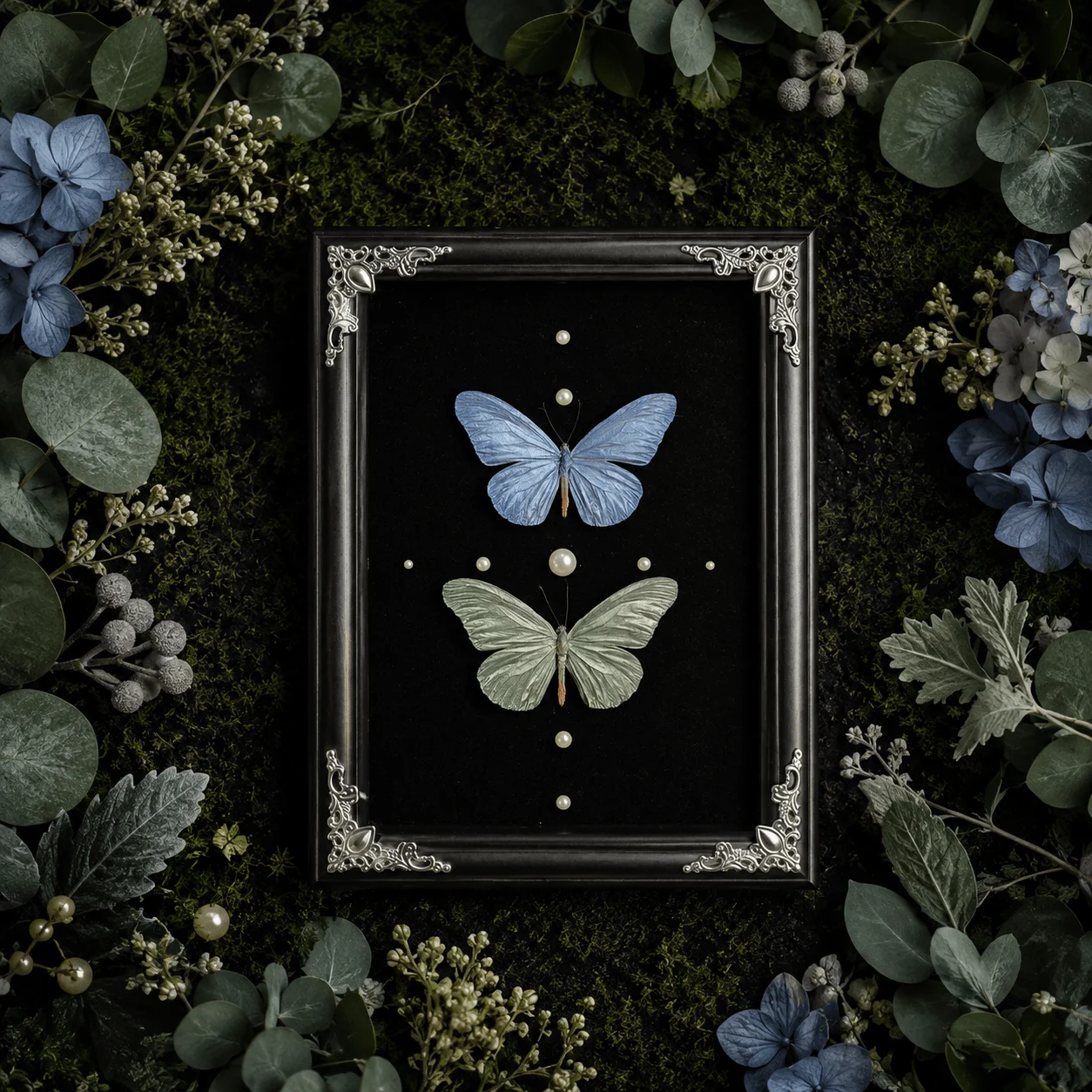 8 Inch Framed Pareronia Butterfly, Art Enhanced Blue Green Iridescent Wings, Box Display With Faux Pearl & Ornate Silver Corner