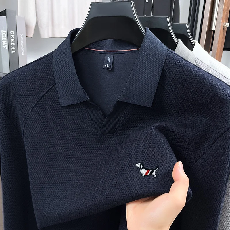 

Original Quality Men's Polo Shirt Simple Solid Color Cartoon Dog Print Long Sleeve Autumn Lapel T-Shirt Business Casual Menswear