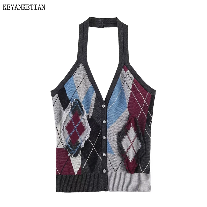 

KEYANKETIAN 2026 New Women's Y2K Style Argyle Knit Halter Top Damaged Decoration Sleeveless V Neck Button Down Crop Top Vest
