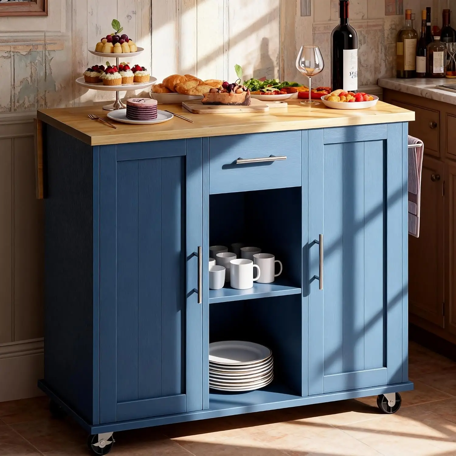 Rolling Kitchen Island Cart with Wheels, Island Table for Kitchen, Farmhouse Kitchen Cart with Drop Leaf & Towel Rack