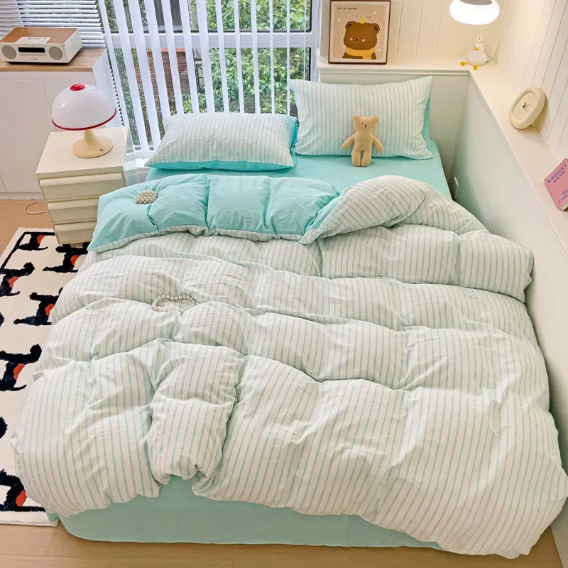 Simple pure cotton bed four-piece set cotton washed cotton bed sheet quilt cover unprinted wind quilt cover three-piece set