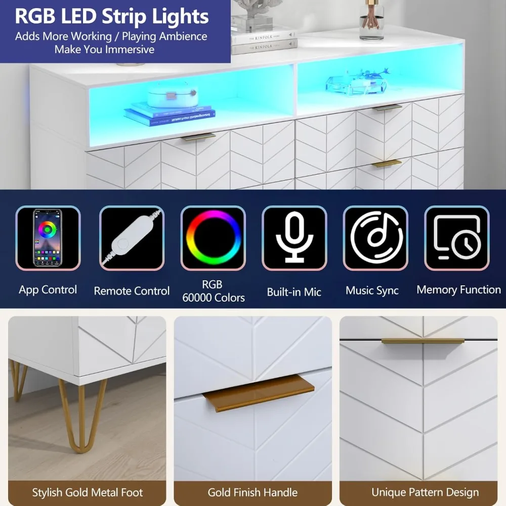 Commode double à 6 tiroirs avec prise de courant et lumière LED, commode longue blanche avec rangement, meuble tv large en bois