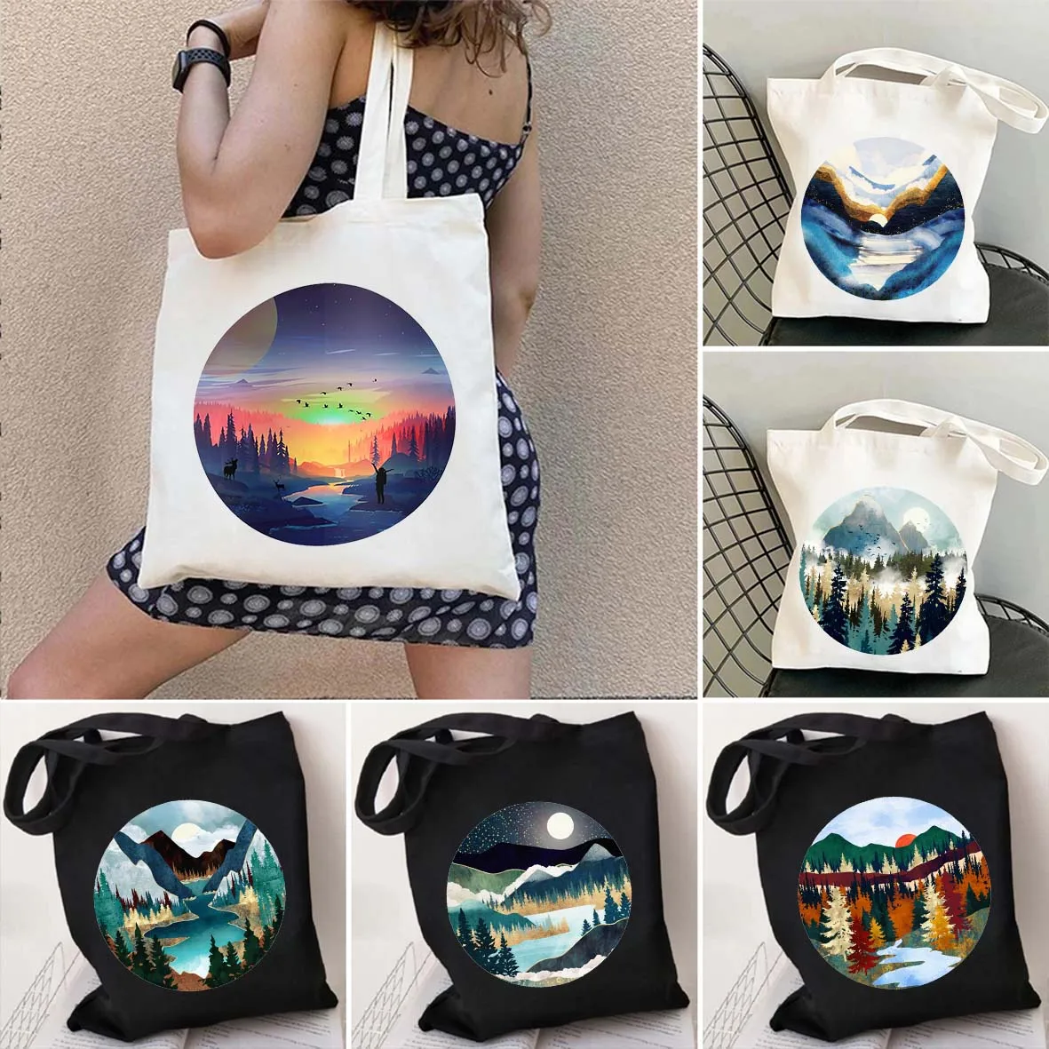 Mountain Forest Sunset Sunrise Autumn Lake River Moon Bay Glow Stars Valley Canvas Shoulder Shopper Totes Bags Shopping Handbags