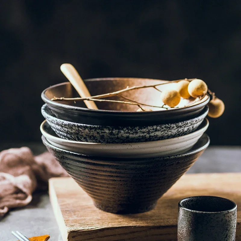 Japanese creative tableware set, commercial bamboo hat ceramic bowl, household large ramen, rice, noodles, soup bowl