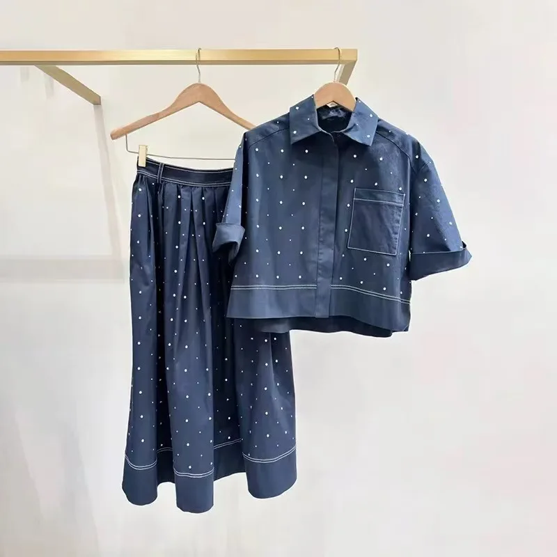 

Early Autumn Commute Fashion Loose Short Sleeve Shirt High Waist A-Line Skirt Two-Piece Set French Style Cotton Blend