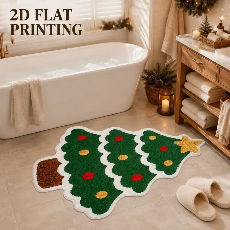 VIKAMA Cartoon Christmas Tree Rug, Soft Plush Imported Rug, Non-Slip and Washable Indoor Entryway Doormat, Christmas Home Decor