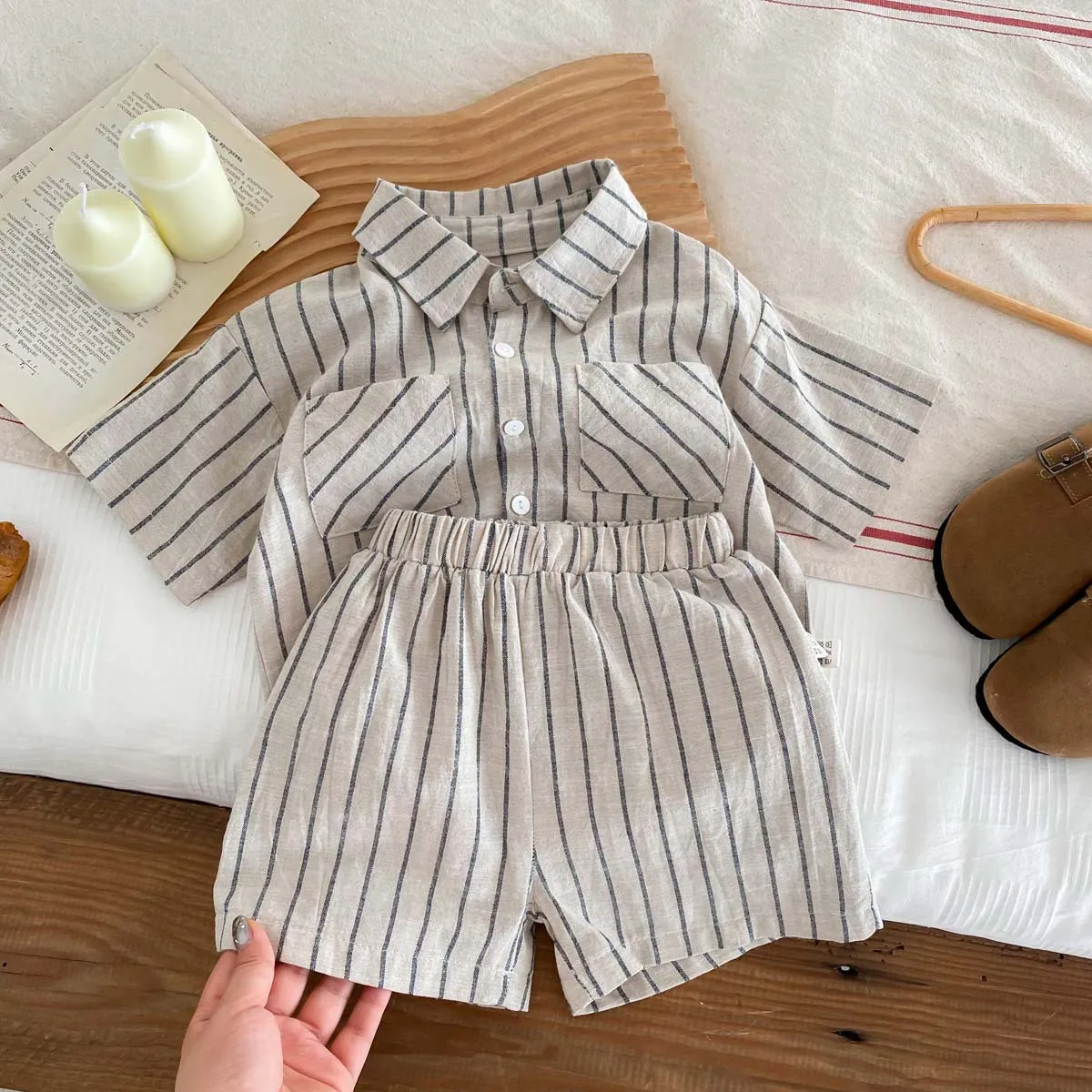 Children Korean Style Retro Striped Short Sleeve Shirt+Shorts Set for Toddler Boys Girls Baby Summer Thin Casual Fashion Outfit