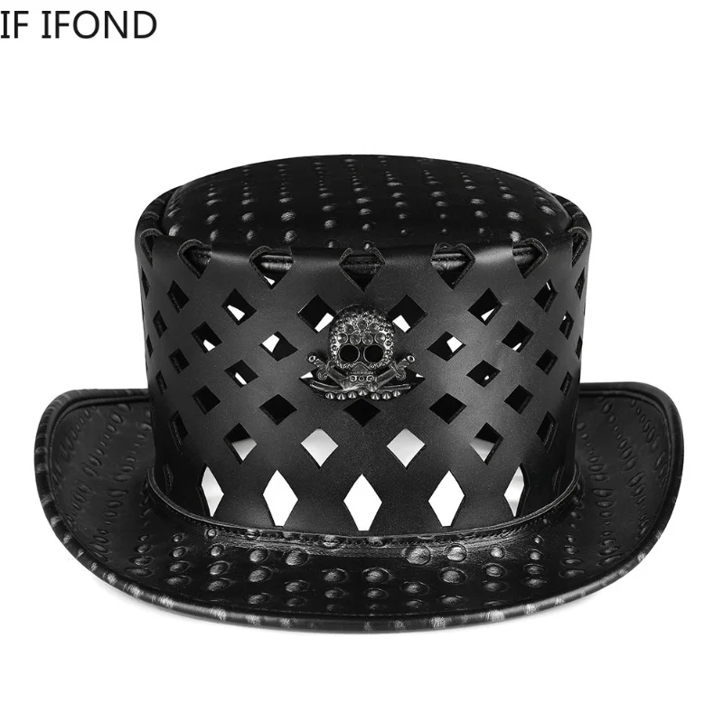 

New Punk Style PU Leather Top Jazz Hat For Men/Women Halloween Cosplay Party Cap Magic Cylinder Hat